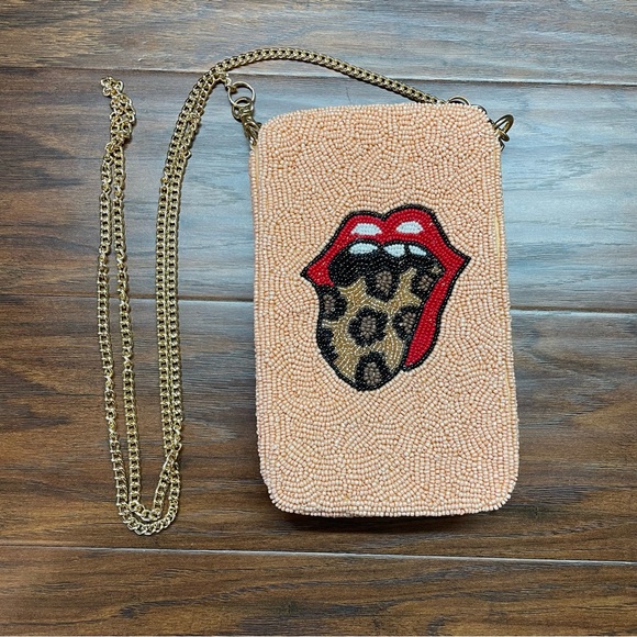 Handbags - Unique Licensed Beaded Phone Bag w/Red Lips & Leopard Print Tongue Front | NWT